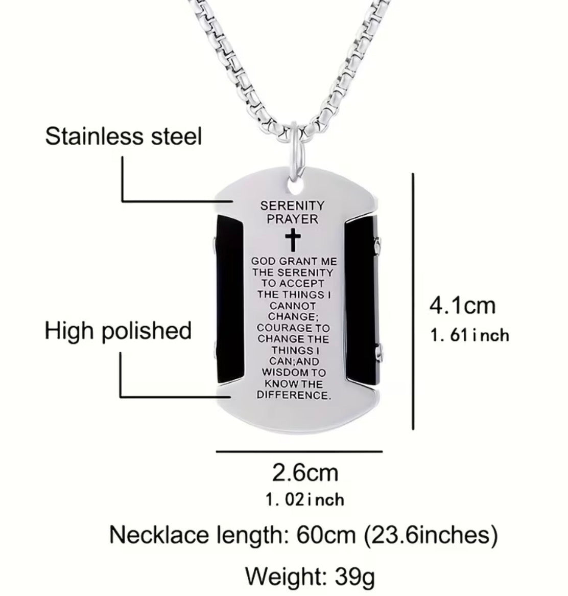 Men’s Stainless Steel Dog Tag Style Serenity Prayer Necklace