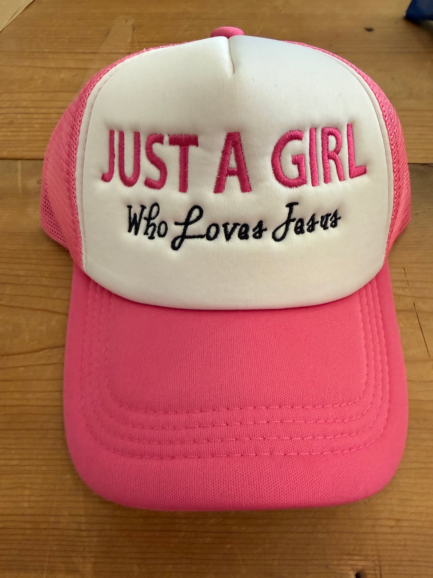 Quilted Stitch Custom Embroidered “Just a Girl Who Loves Jesus” Hat