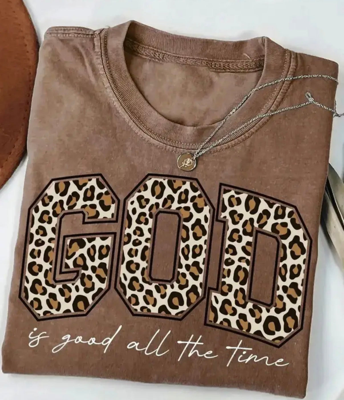 Brown Washed Cotton “God is Good All the Time” T-Shirt