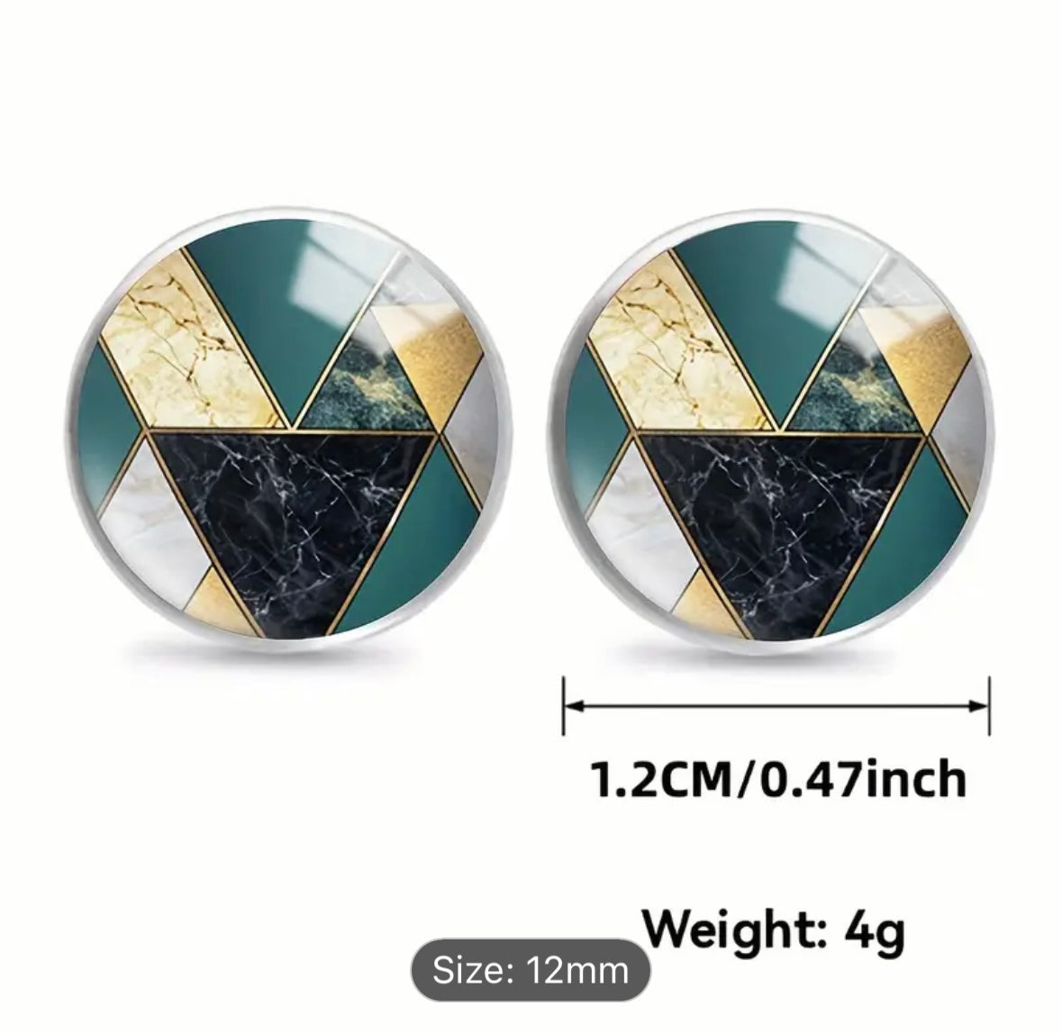 Stainless Steel Geometric Green/Black/Gold Round Glass Earrings