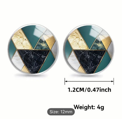 Stainless Steel Geometric Green/Black/Gold Round Glass Earrings
