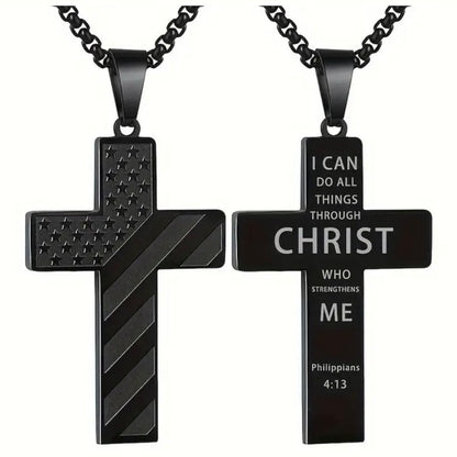 Men’s Phil 4:13 American Flag Stainless Steel Cross Necklace