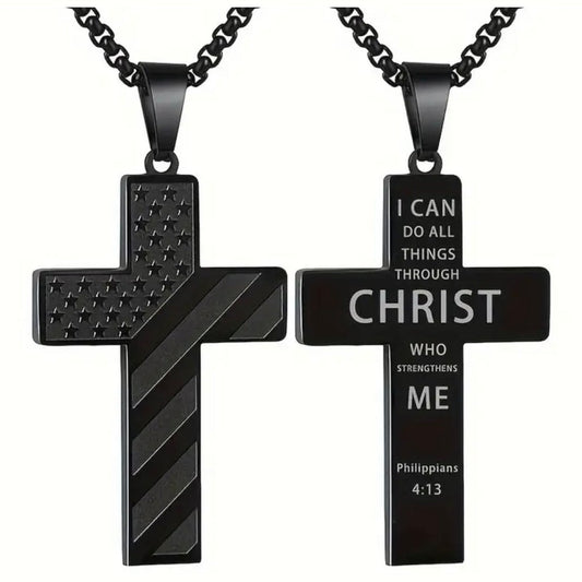 Men’s Phil 4:13 American Flag Stainless Steel Cross Necklace