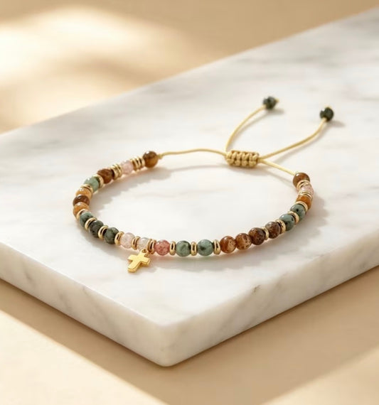 Retro Bohemian Natural Stone Cross Bracelet