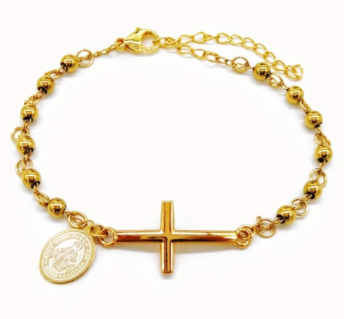 Stainless Steel Cross Rosary Bracelet