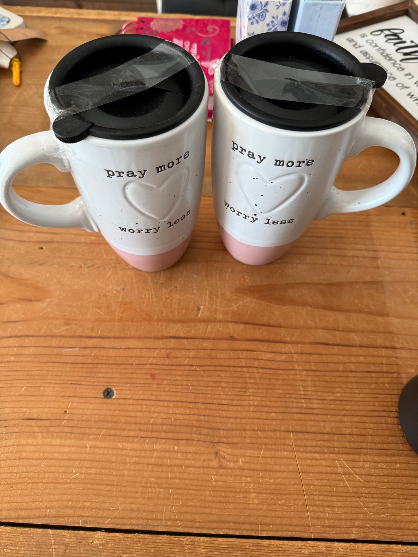“Pray More Worry Less” Ceramic Coffee Cup with Top