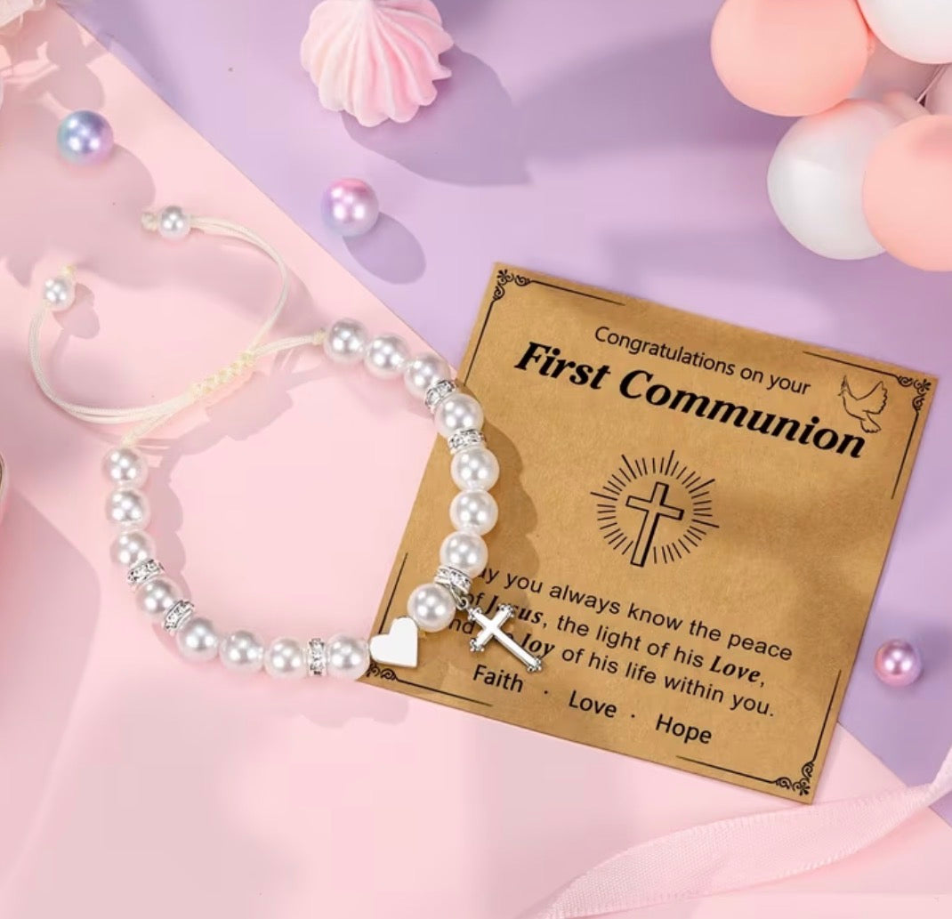 First Holy Communion Pearl Bracelet with Cross and Heart