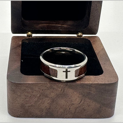 Men’s Wood Grain Stainless Steel Cross Ring