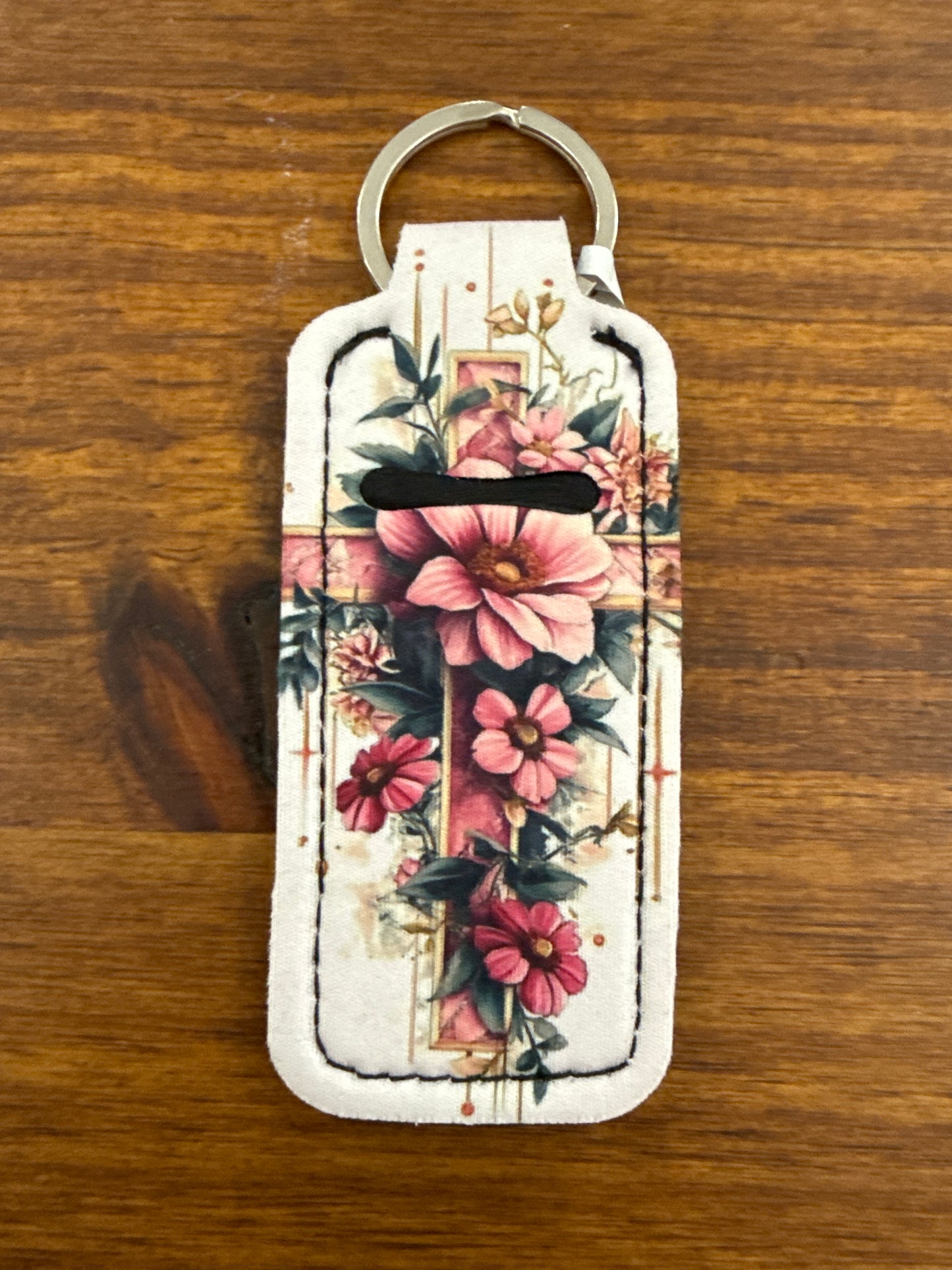 Elegant Floral Cross Keychain Chapstick Holder