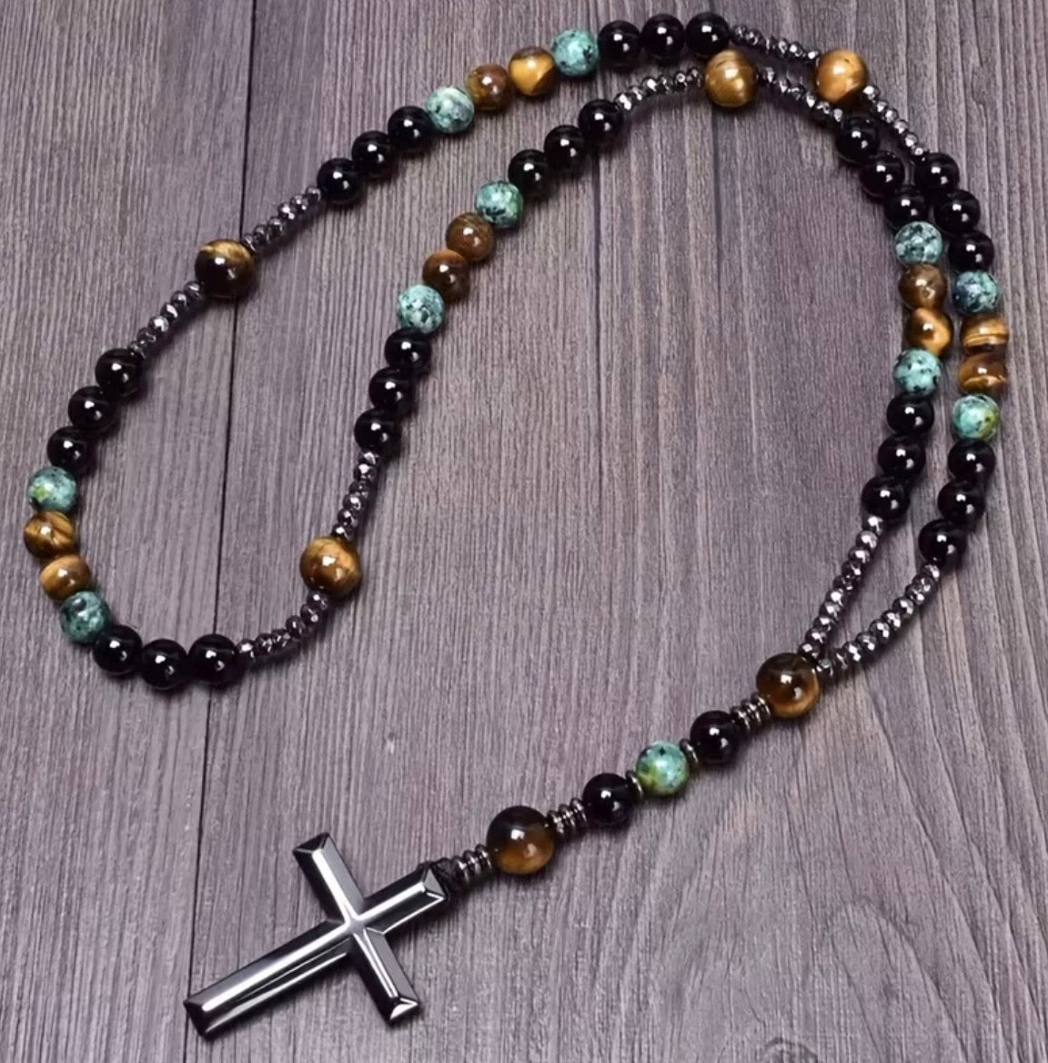 Tiger’s Eye African Beads Cross Pendant Rosary