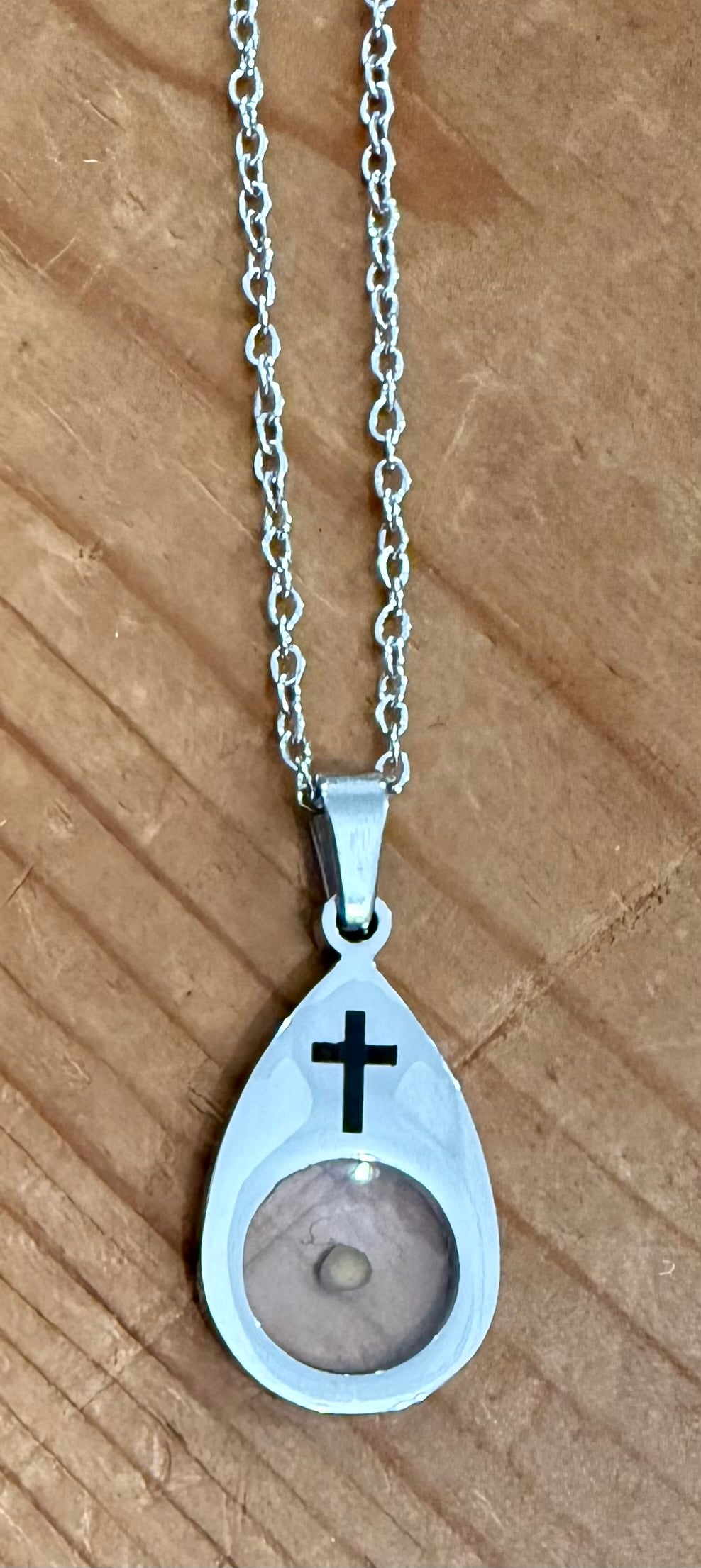Elegant Teardrop Pendant Mustard Seed and Cross Accent Necklace