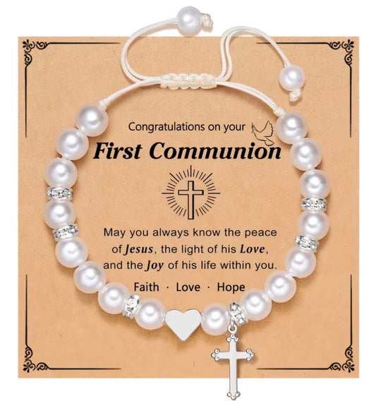 First Holy Communion Pearl Bracelet with Cross and Heart