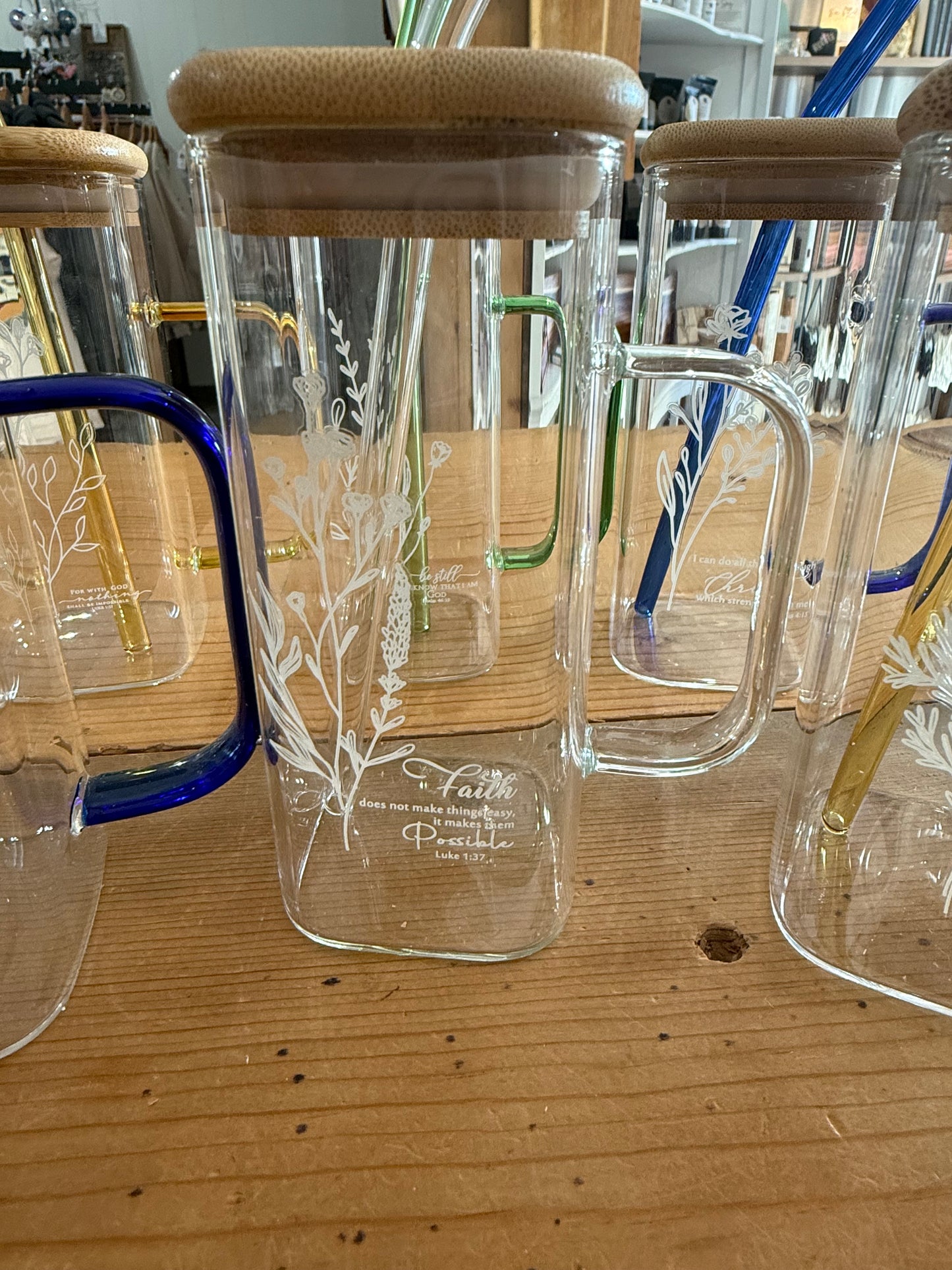 Cute and Simple 13.5 oz Verse Inscribed Bamboo Lid Glasses