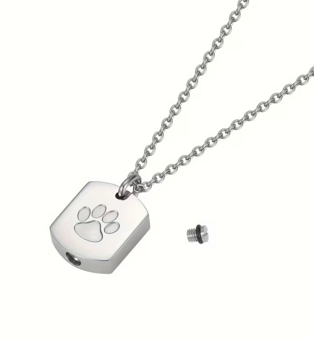 Stainless Steel Pet Paw Print Urn Necklace