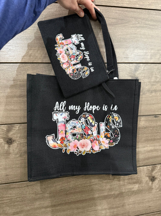 “All My Hope” Burlap Tote Bag and Accessory Bag