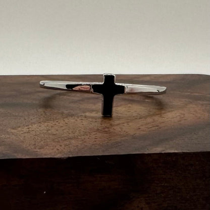Elegant Simple Sterling Silver Black Enamel Cross Ring