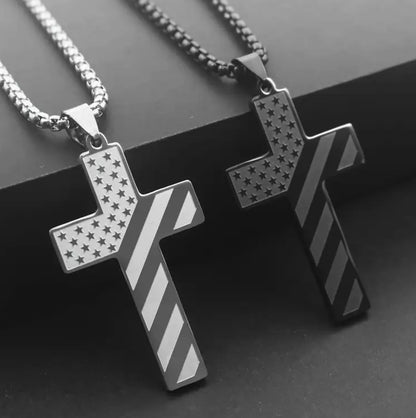 Men’s Phil 4:13 American Flag Stainless Steel Cross Necklace