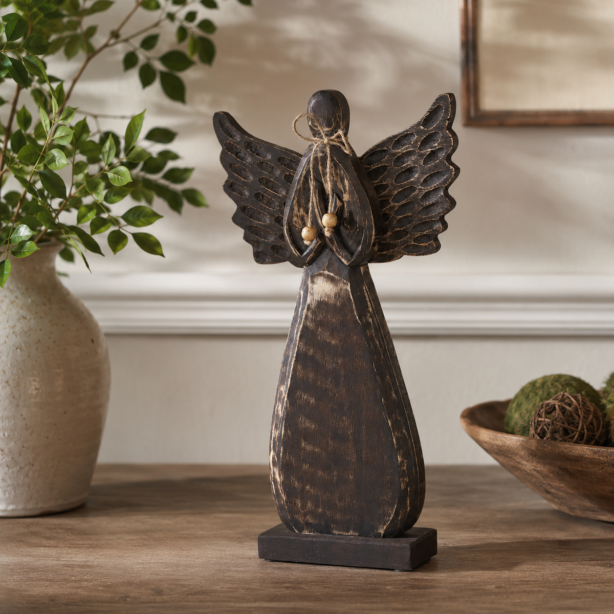 Primitive Carved Wood Angel Figurine with Twine Bow