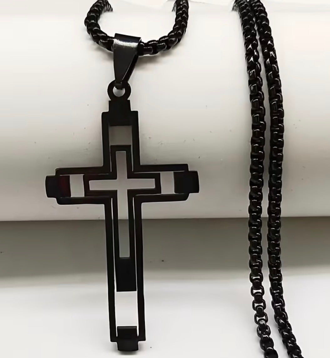 Men’s Stainless Steel Open Double Cross Necklace
