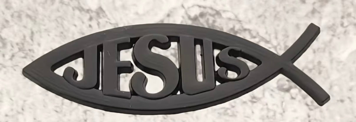 Black Metal Jesus and Cross Fish Car Decal