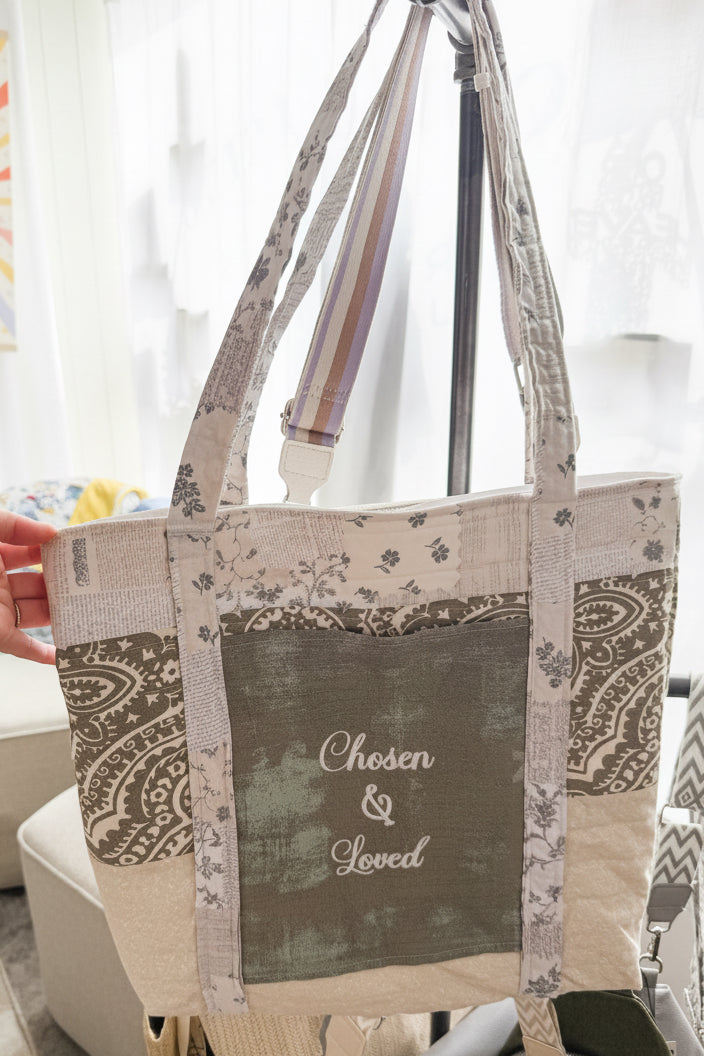Quilted Stitch Handmade Custom Embroidered "Chosen & Loved" Weekend Bag