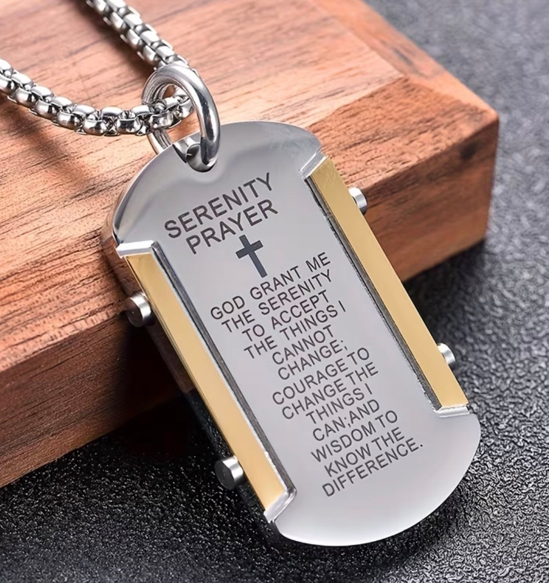 Men’s Stainless Steel Dog Tag Style Serenity Prayer Necklace