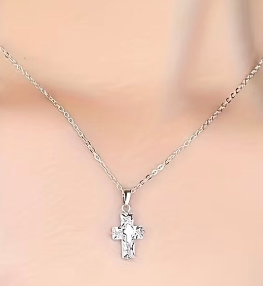 Radiant Cross Necklace – Stainless Steel & CZ