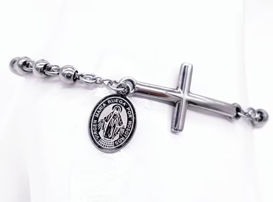 Stainless Steel Cross Rosary Bracelet