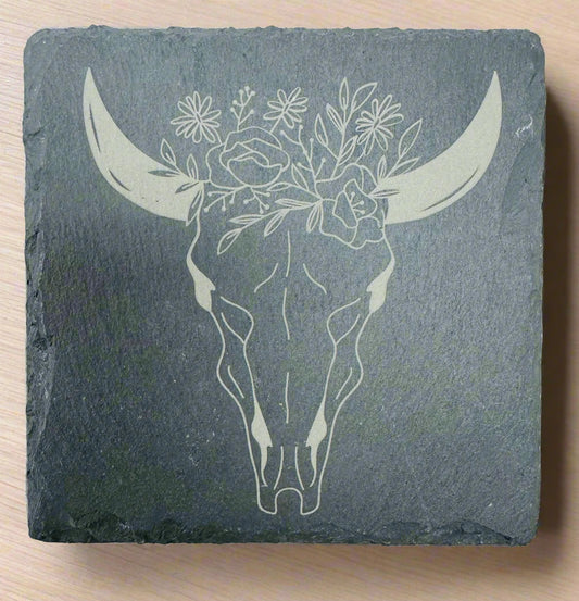 Floral Cow Skull Slate Coaster