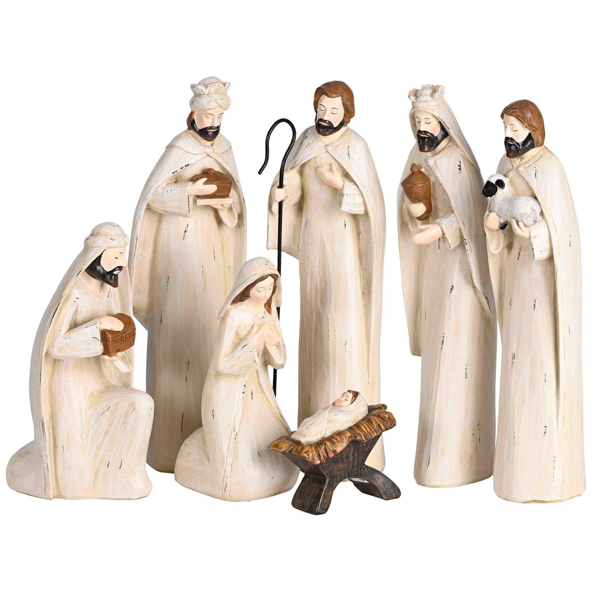 White Carved Wood 7 Piece Nativity 11"H