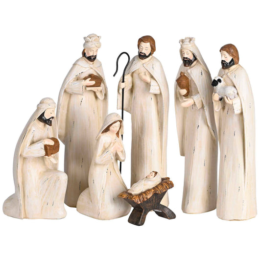 White Carved Wood 7 Piece Nativity 11"H