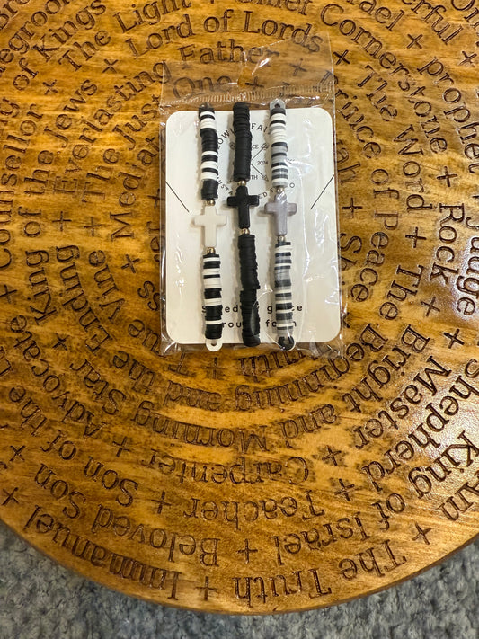 3 Piece Black/White Cross Clay Bracelet Set