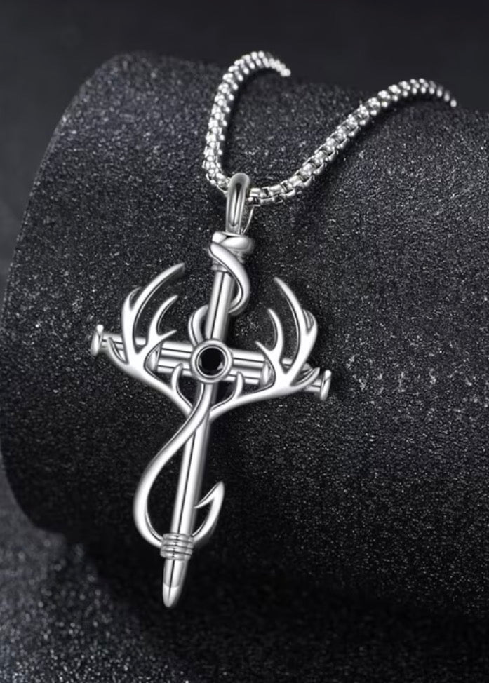 Sterling Silver Antler Fish Hook Cross Necklace