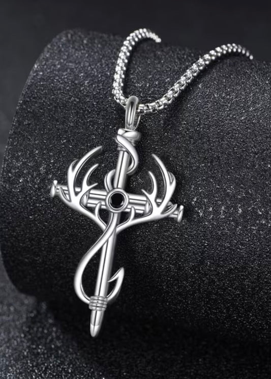 Sterling Silver Antler Fish Hook Cross Necklace