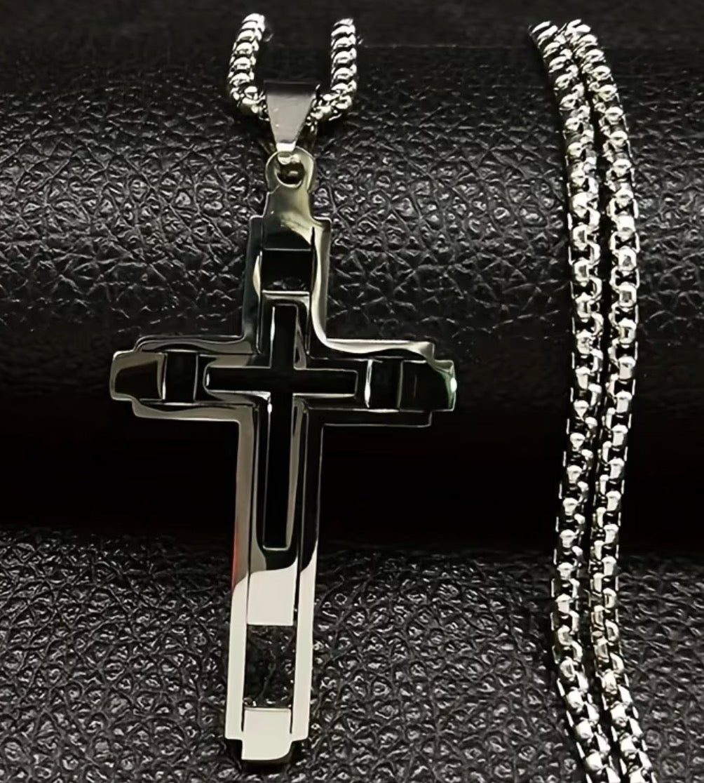 Men’s Stainless Steel Open Double Cross Necklace