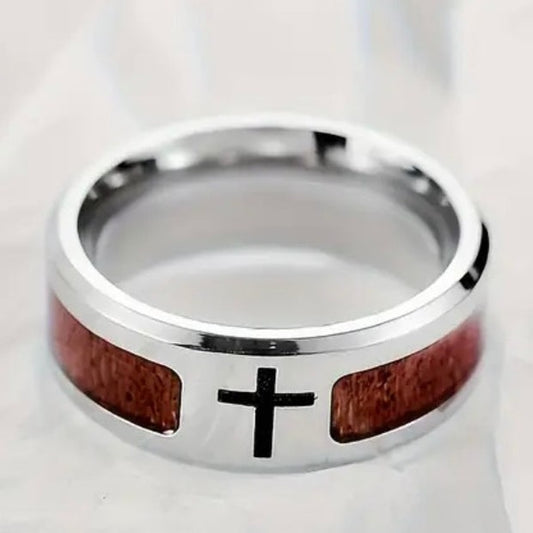 Men’s Wood Grain Stainless Steel Cross Ring