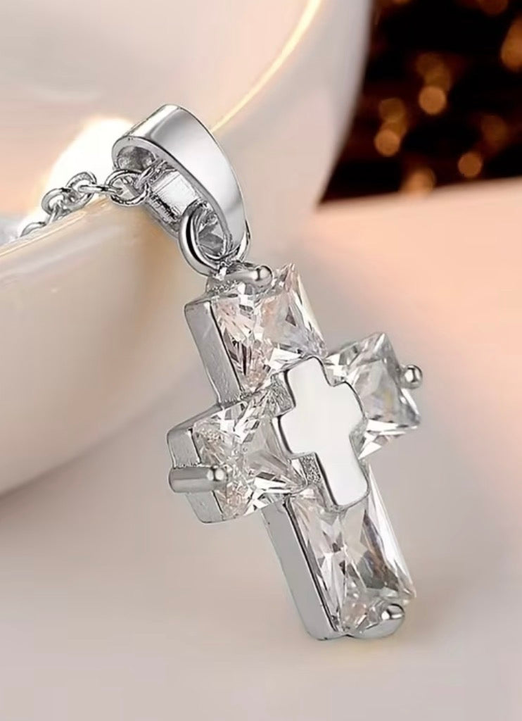 Radiant Cross Necklace – Stainless Steel & CZ