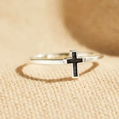 Elegant Simple Sterling Silver Black Enamel Cross Ring