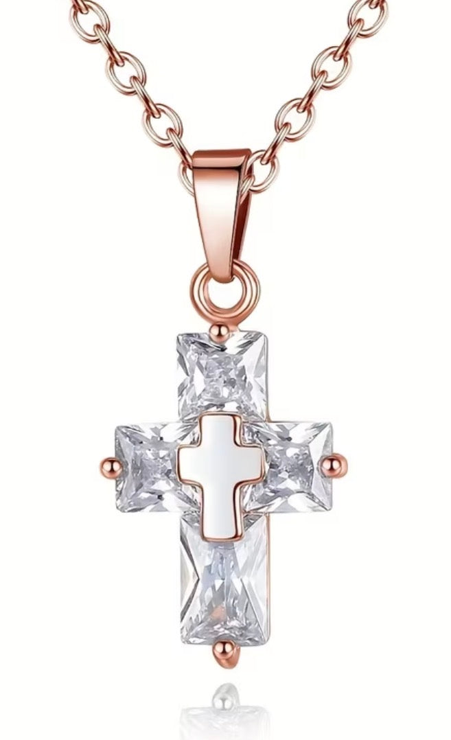 Radiant Cross Necklace – Stainless Steel & CZ