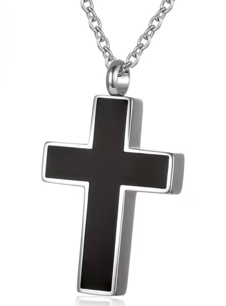 Stainless Steel Black Accent Cross Urn Necklace