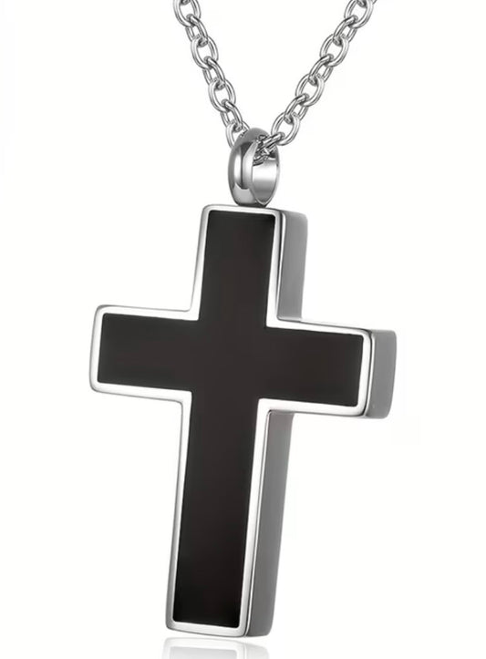 Stainless Steel Black Accent Cross Urn Necklace
