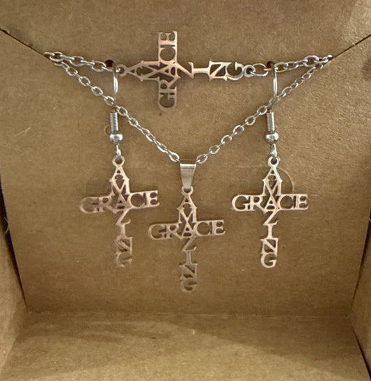Amazing Grace Cross Stainless Steel Jewelry Set