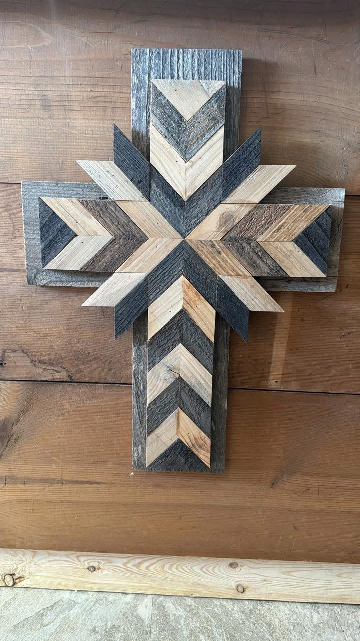 Rustic Handmade Wooden Cross – Chevron Pattern