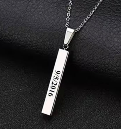 Cute Custom Engraved Stainless Steel Bar Pendant Necklace