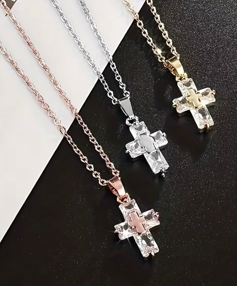 Radiant Cross Necklace – Stainless Steel & CZ