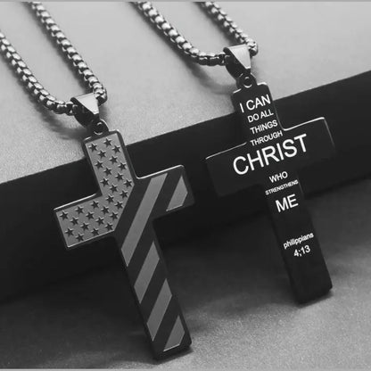 Men’s Phil 4:13 American Flag Stainless Steel Cross Necklace
