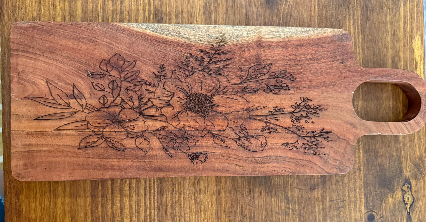 Beautiful Custom Engraved Floral Acacia Wood Charcuterie Board