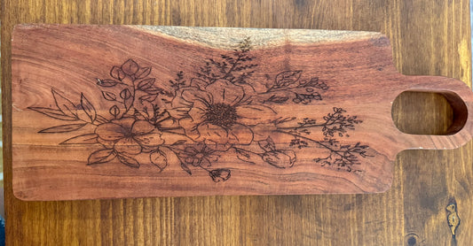 Beautiful Custom Engraved Floral Acacia Wood Charcuterie Board