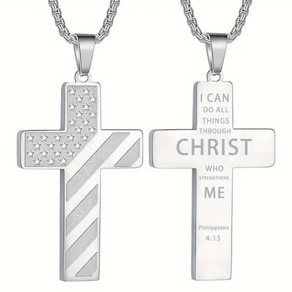 Men’s Phil 4:13 American Flag Stainless Steel Cross Necklace