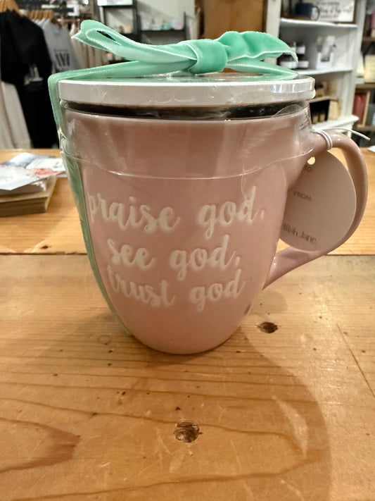 “Praise, See, Trust God” Ceramic Coffee Cup with “Rejoice” Coaster